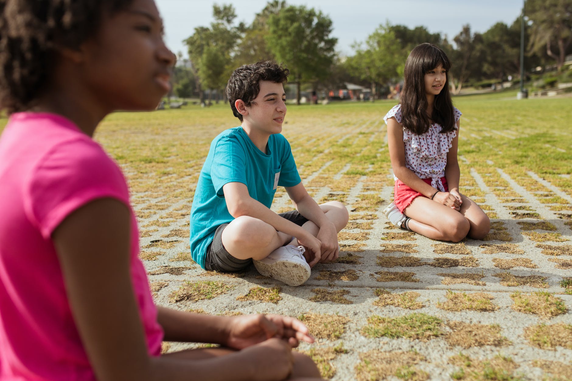 children sitting on green field